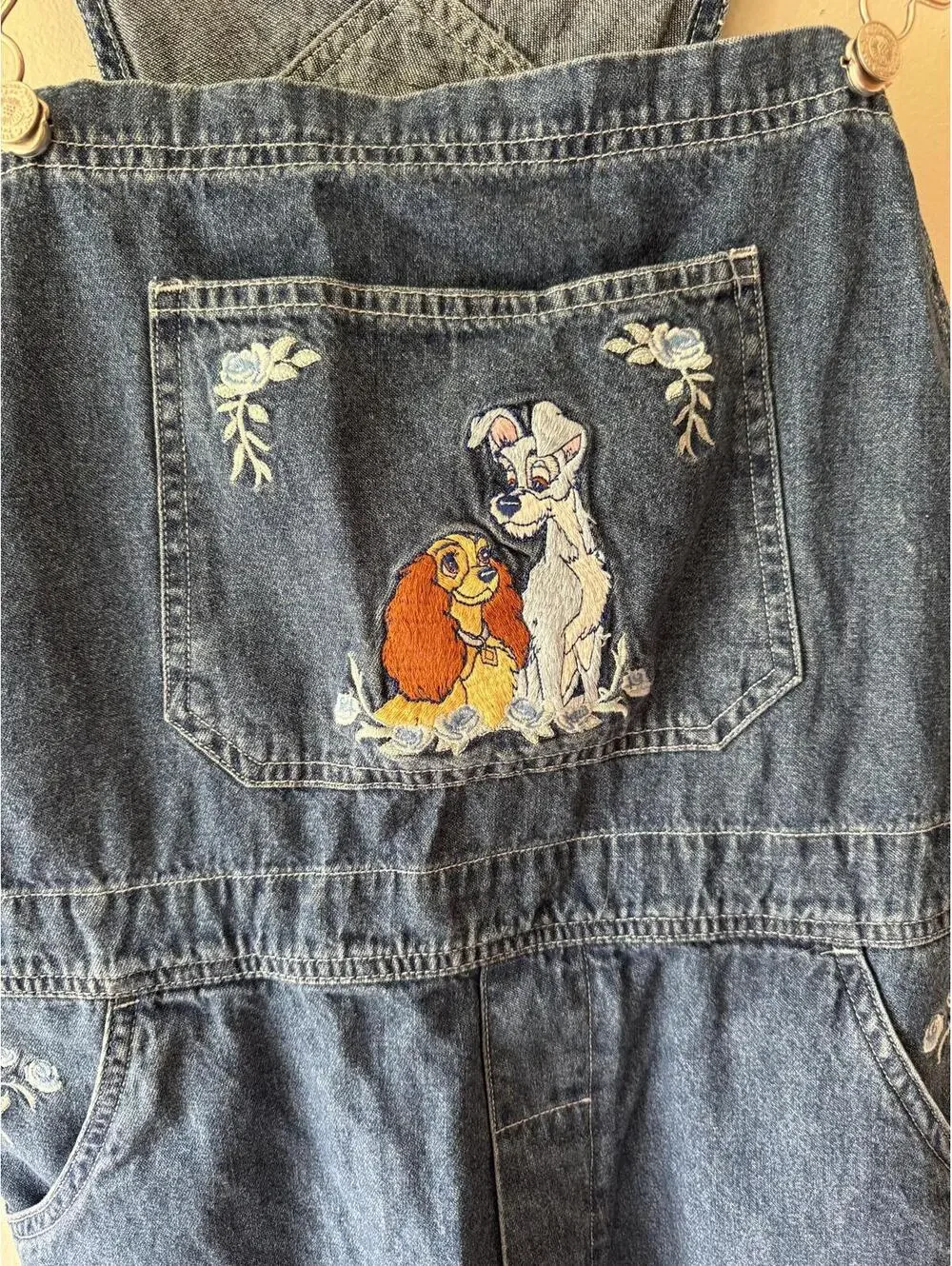 Vintage 90s Disney Lady and the Tramp Embroidered Denim Overalls Shorts Womens - Picture 2 of 3